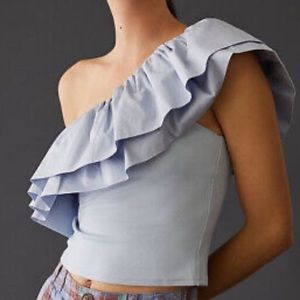 Anthropologie Light Blue Ruffle One Shoulder Top